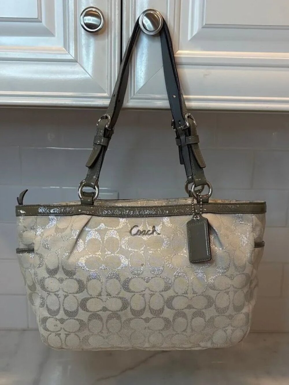 Coach Bag Purse Handbag F17724 Gallery Lurex Metallic Silver EW Tote Shoulder